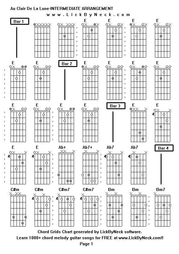 Chord Grids Chart of chord melody fingerstyle guitar song-Au Clair De La Lune-INTERMEDIATE ARRANGEMENT,generated by LickByNeck software.